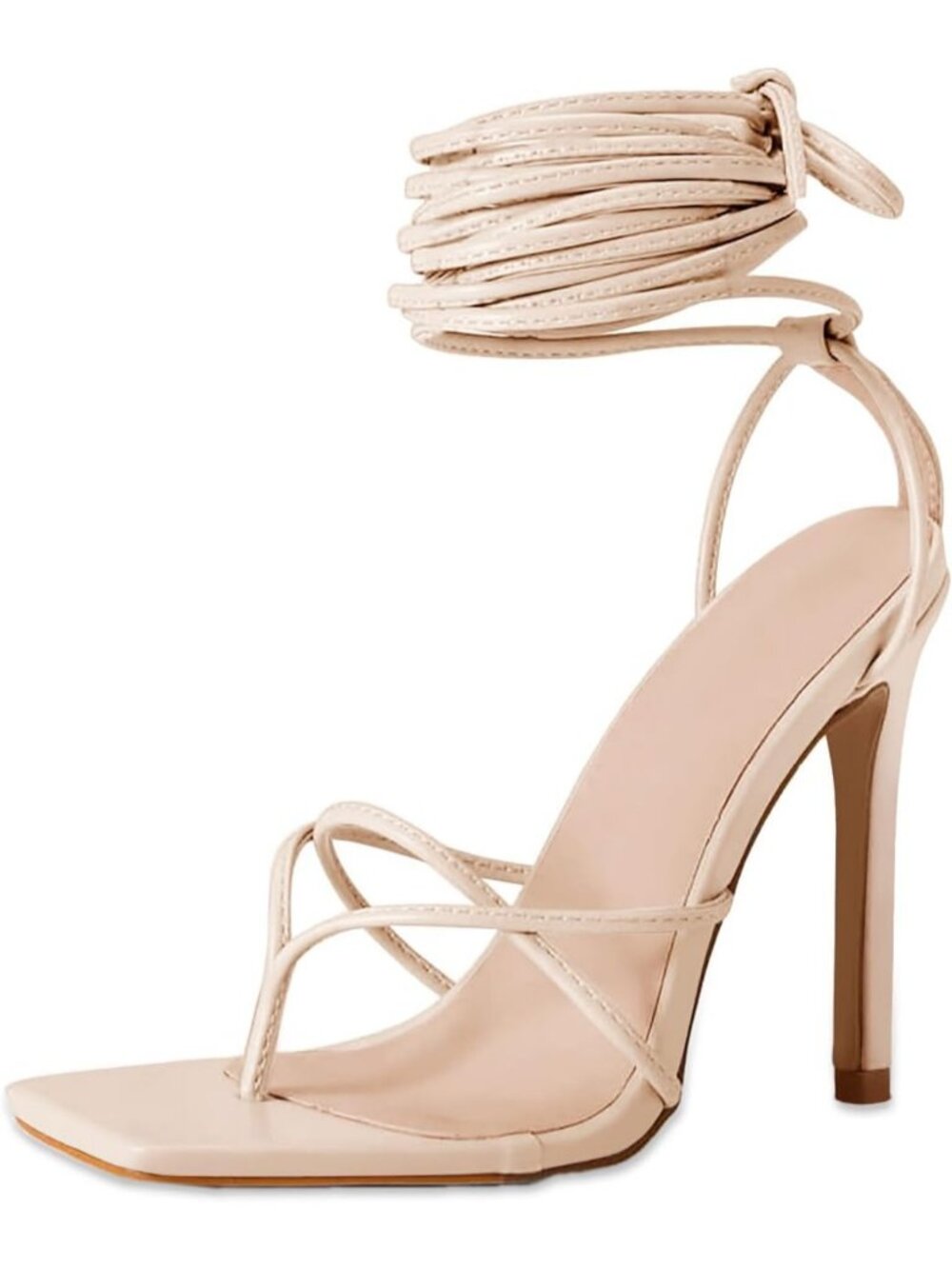 Women's Beige Lace Up Heeled Sandals Square Flip Flop High Heels Strappy Shoes